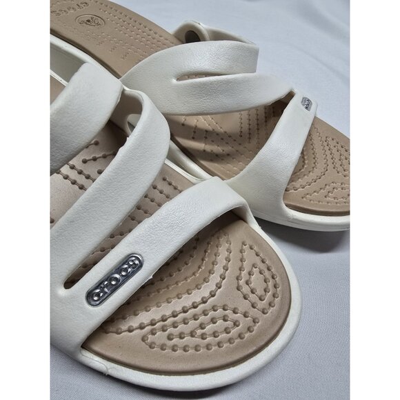 Crocs Patricia Wedge Strappy Slide Slip On Sandals Womens Size 6 White/Tan - Picture 7 of 10